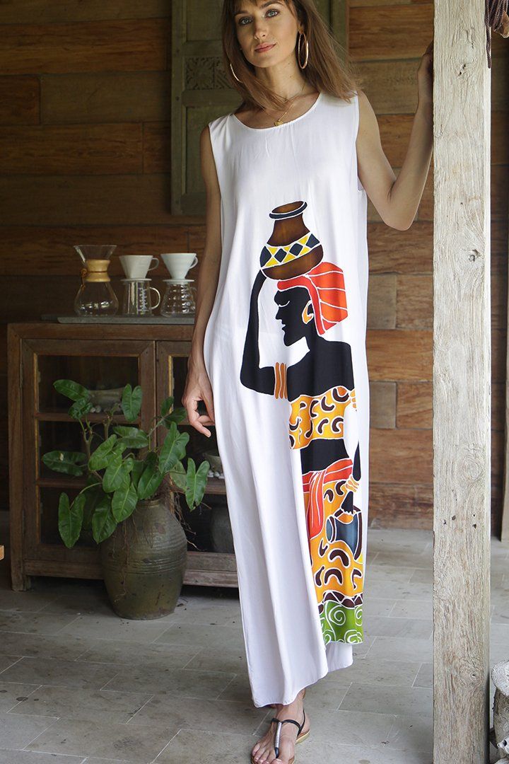 Sleeveless Summer Tank Dress with Hand-painted Tribal Design - Love-ShuShi-White dress