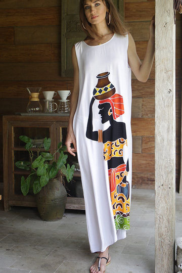 Sleeveless Tank Dress with Hand-painted Tribal Design