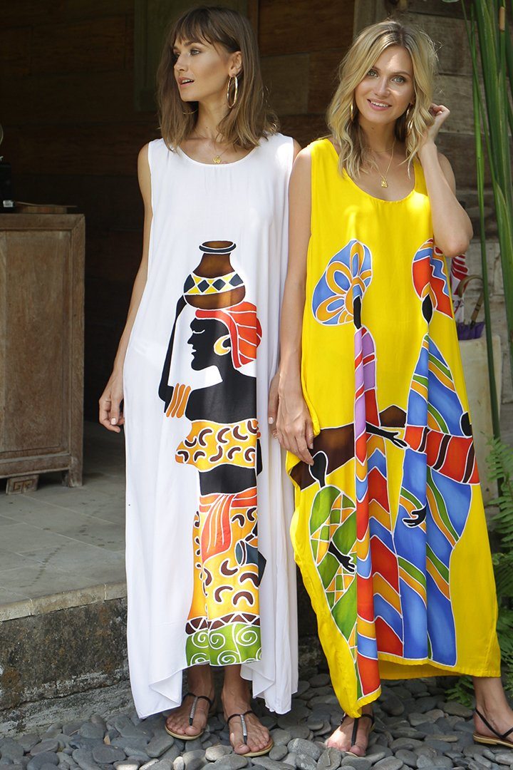 Sleeveless Summer Tank Dress with Hand-painted Tribal Design - Love-ShuShi-White dress and yellow dress