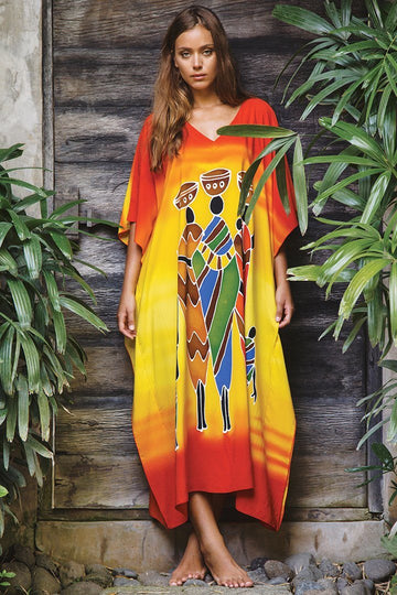 Hand-Painted Tribal Design V-Neck Long Dress