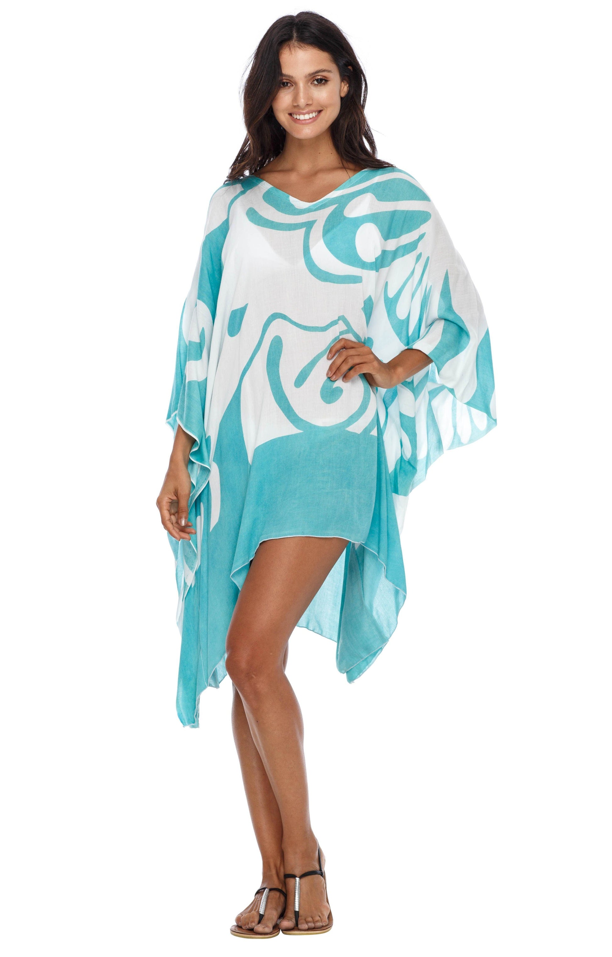 Short Butterfly Coverup Kaftan Dress for the beach-loveshushi turquoise and white