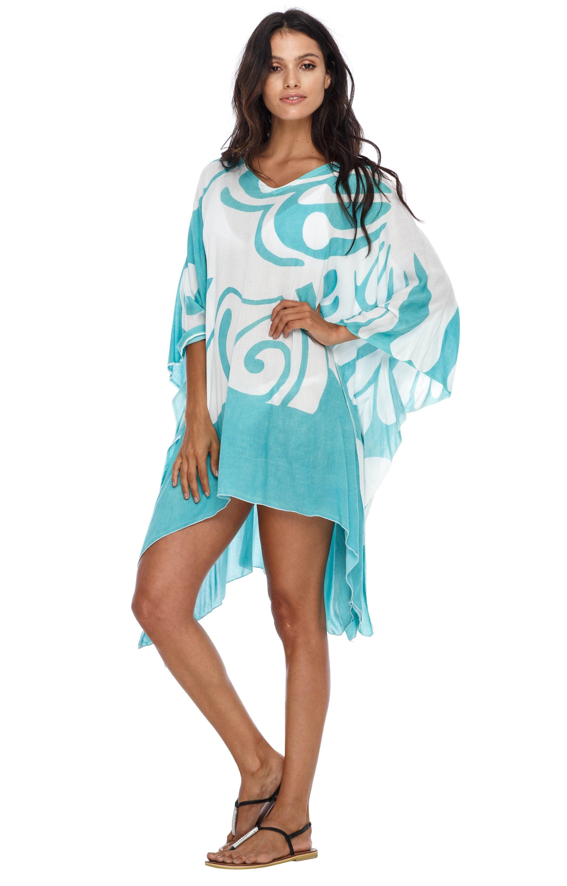 Short Butterfly Coverup Kaftan Dress for the beach-loveshushi turquoise and white