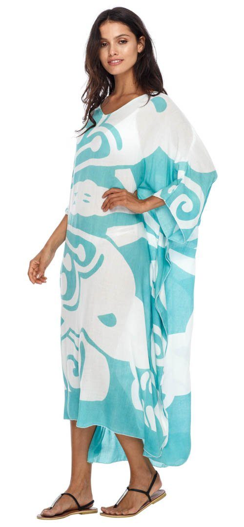 Long Butterfly Kaftan Dress Coverup cute summer dress-loveshushi-turquoise and white
