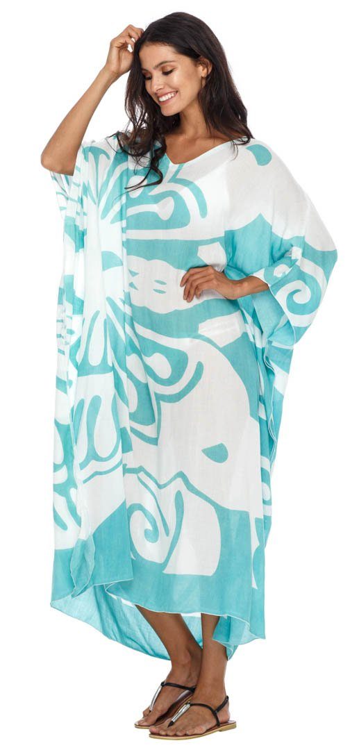 Long Butterfly Kaftan Dress Coverup cute summer dress-loveshushi-turquoise and white