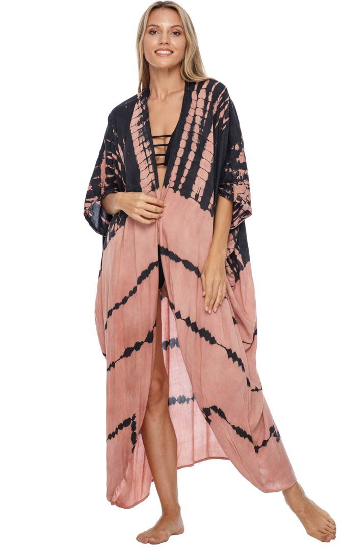 Tie Dye Open Front Summer Kimono Cardigan with Three-Quarter Sleeves - Love-Shu-Shi-coral and black cardigan