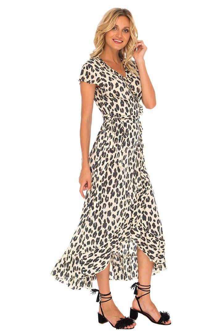 Leopard Print Long Wrap Dress with Cap Sleeves - Love-Shu-Shi