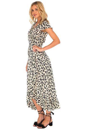 Leopard Print Long Wrap Dress with Cap Sleeves