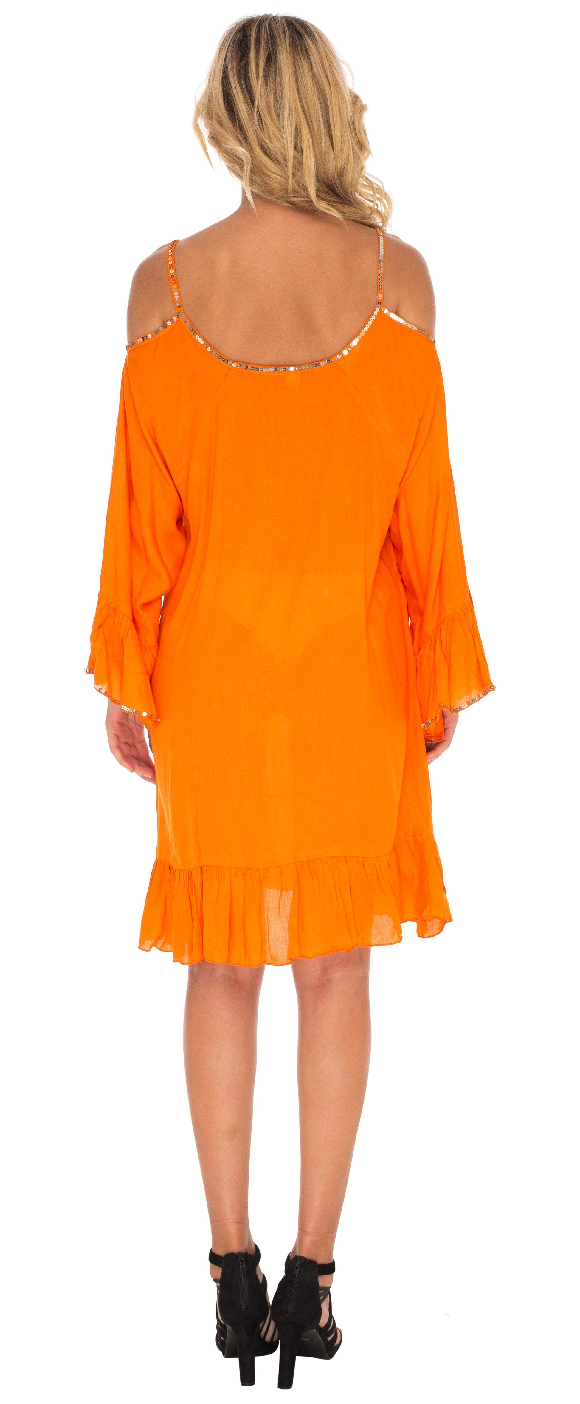 Hera Cold Shoulder Kaftan with Bell Sleeves  and hand sewn gold beading short orange dress- Love-Shu-Shi