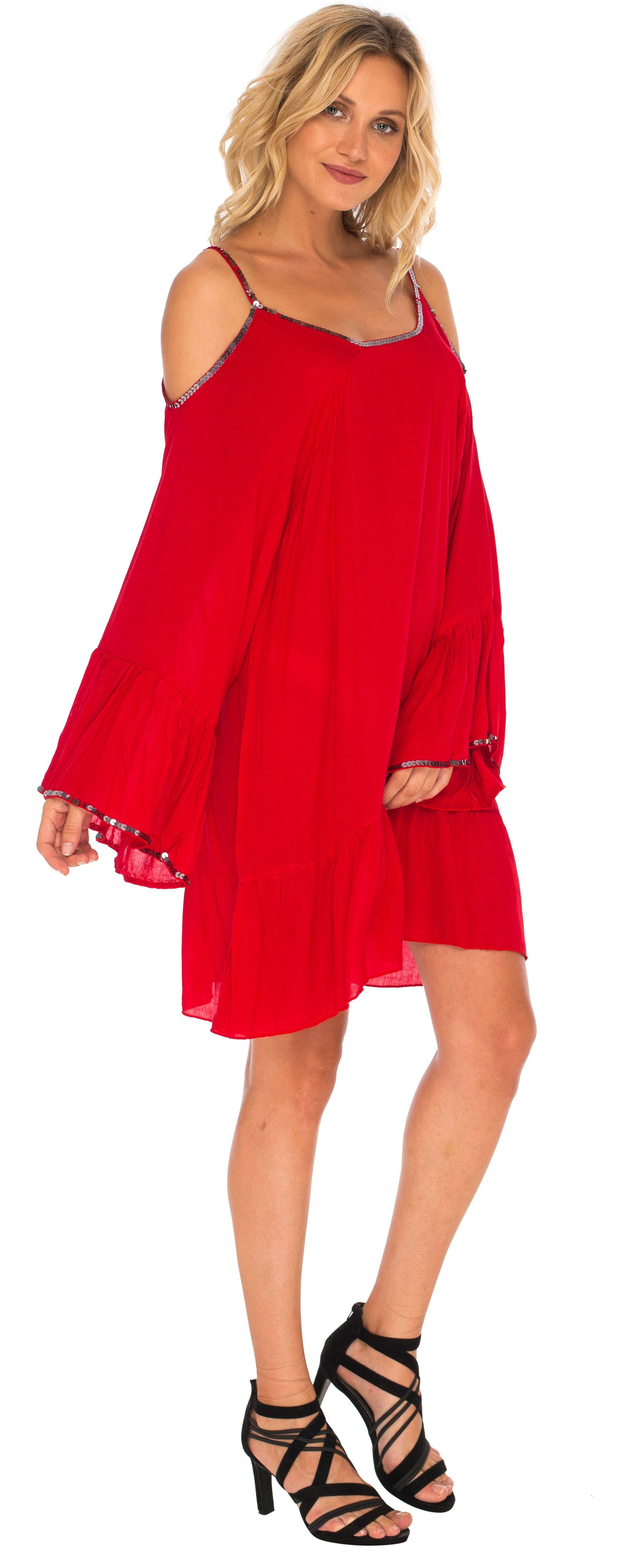 Hera Cold Shoulder Kaftan with Bell Sleeves  and hand sewn gold beading short red dress- Love-Shu-Shi