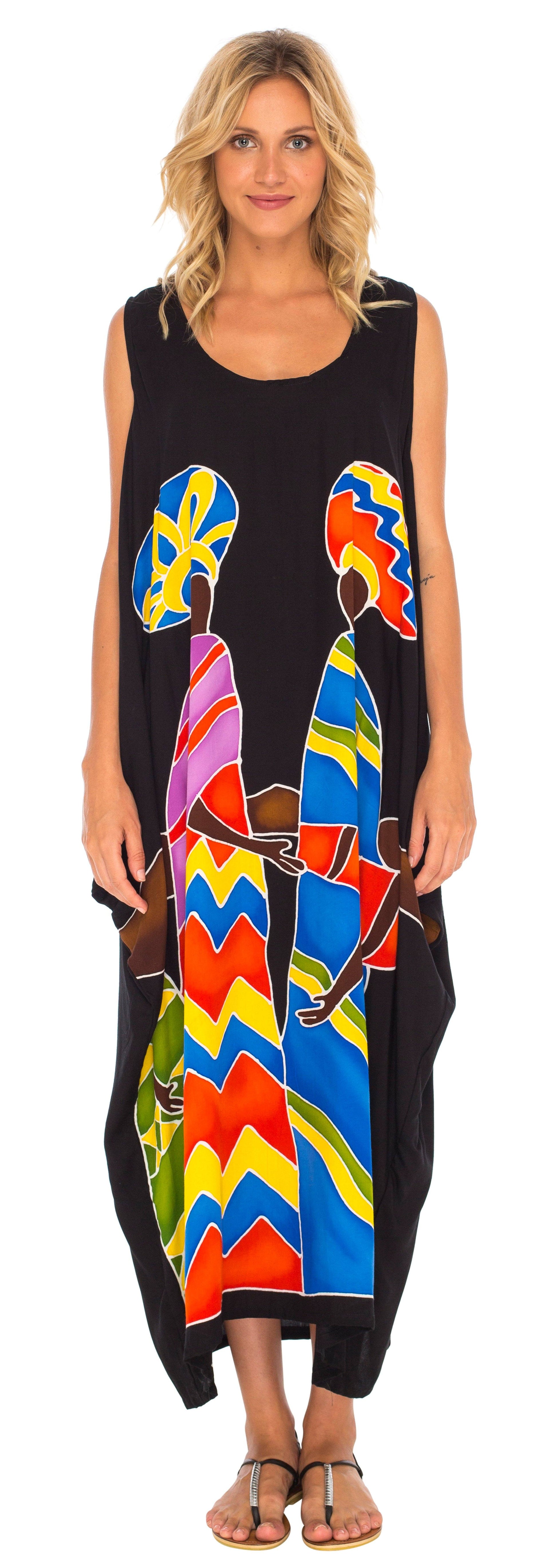 Hand Painted Tribal Design Long Oversized summer Dress-Loveshushi-black