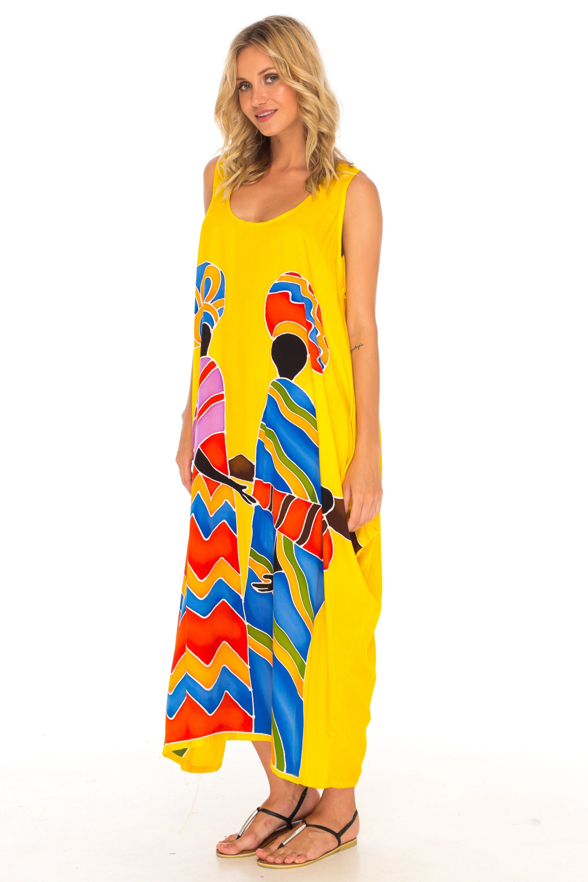 Hand Painted Tribal Design Long Oversized summer Dress-Loveshushi-yellow