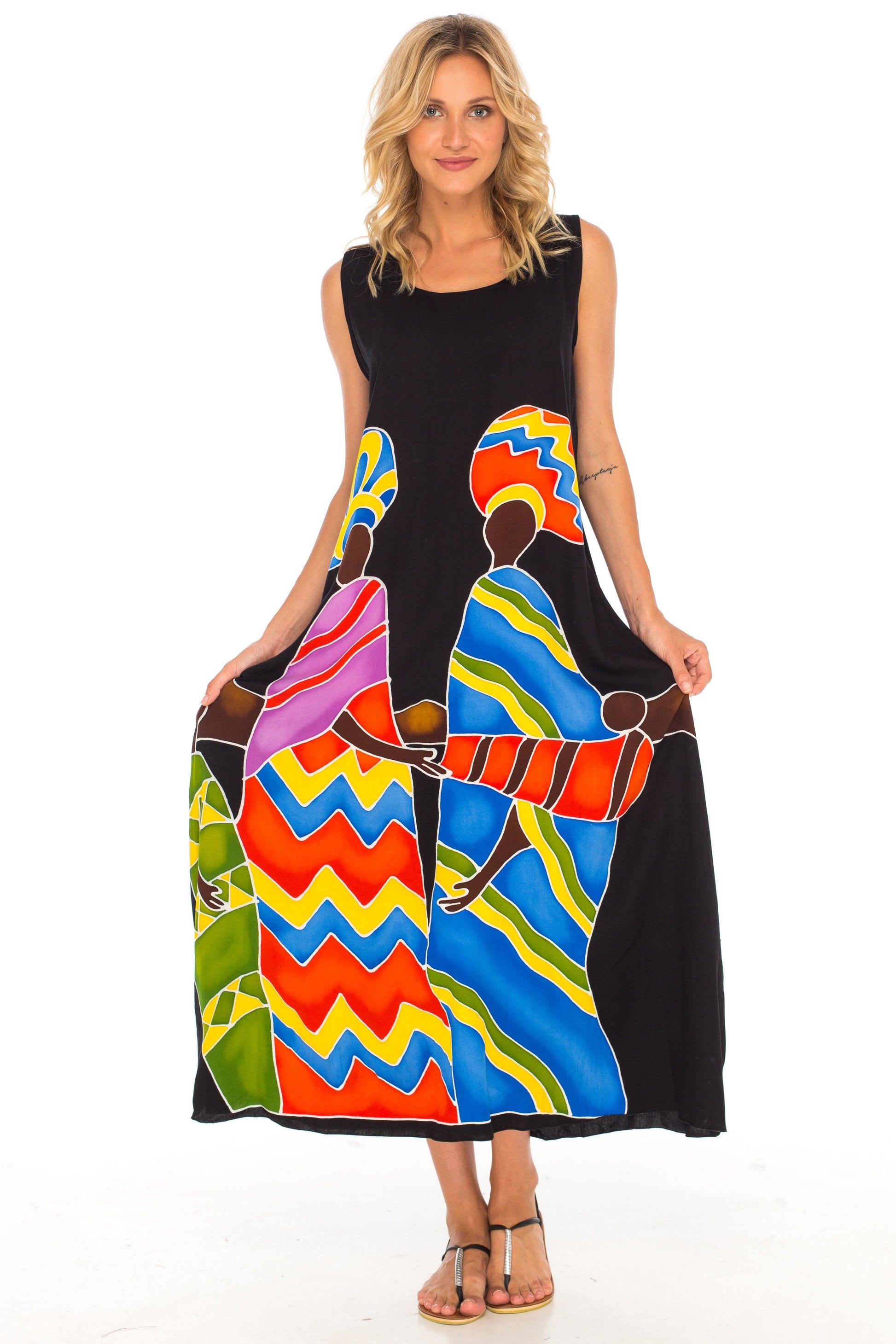 Sleeveless Tank Dress with Hand-painted Tribal Design - Love-Shu-Shi