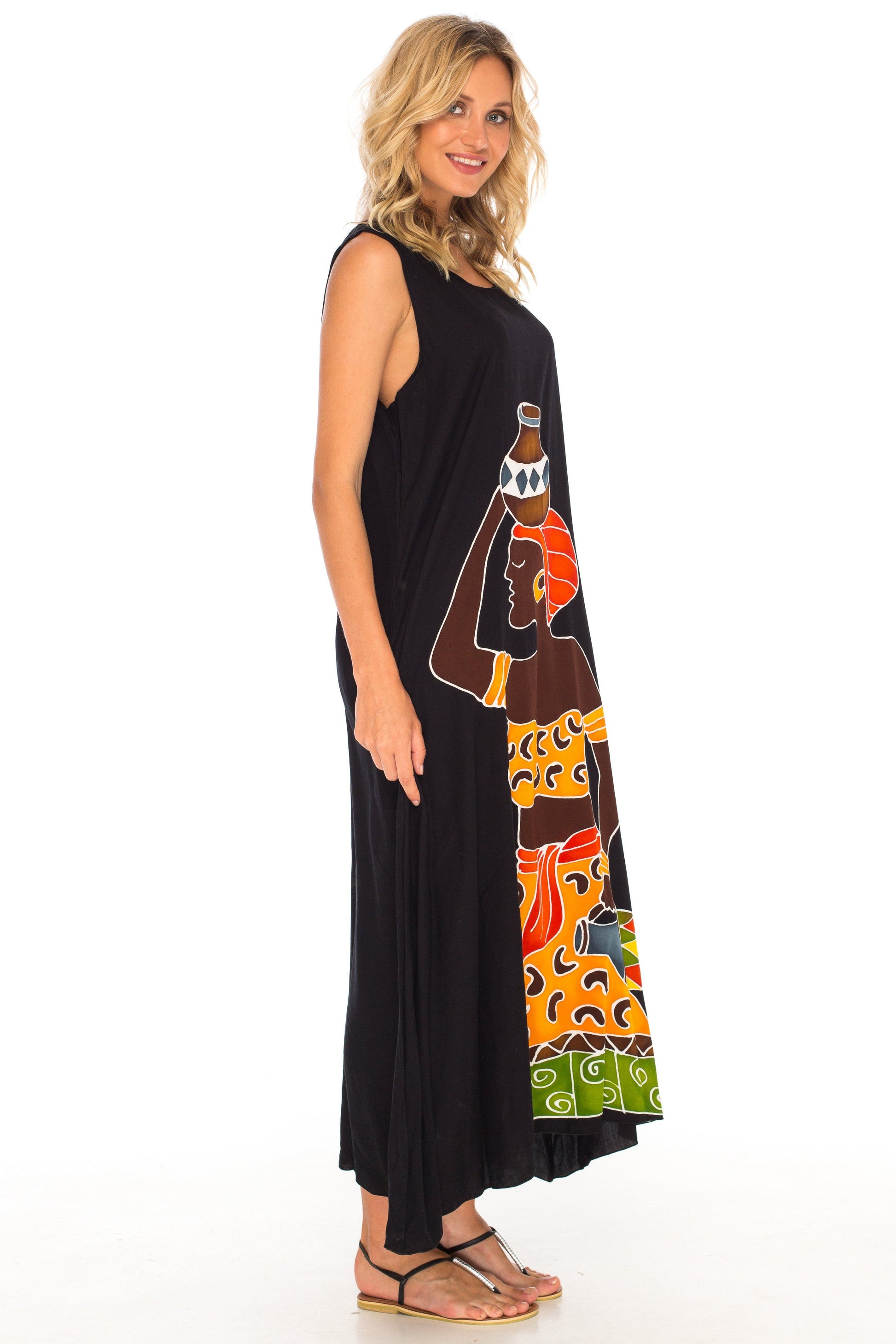 Sleeveless Summer Tank Dress with Hand-painted Tribal Design - Love-ShuShi-black dress-Shu-Shi