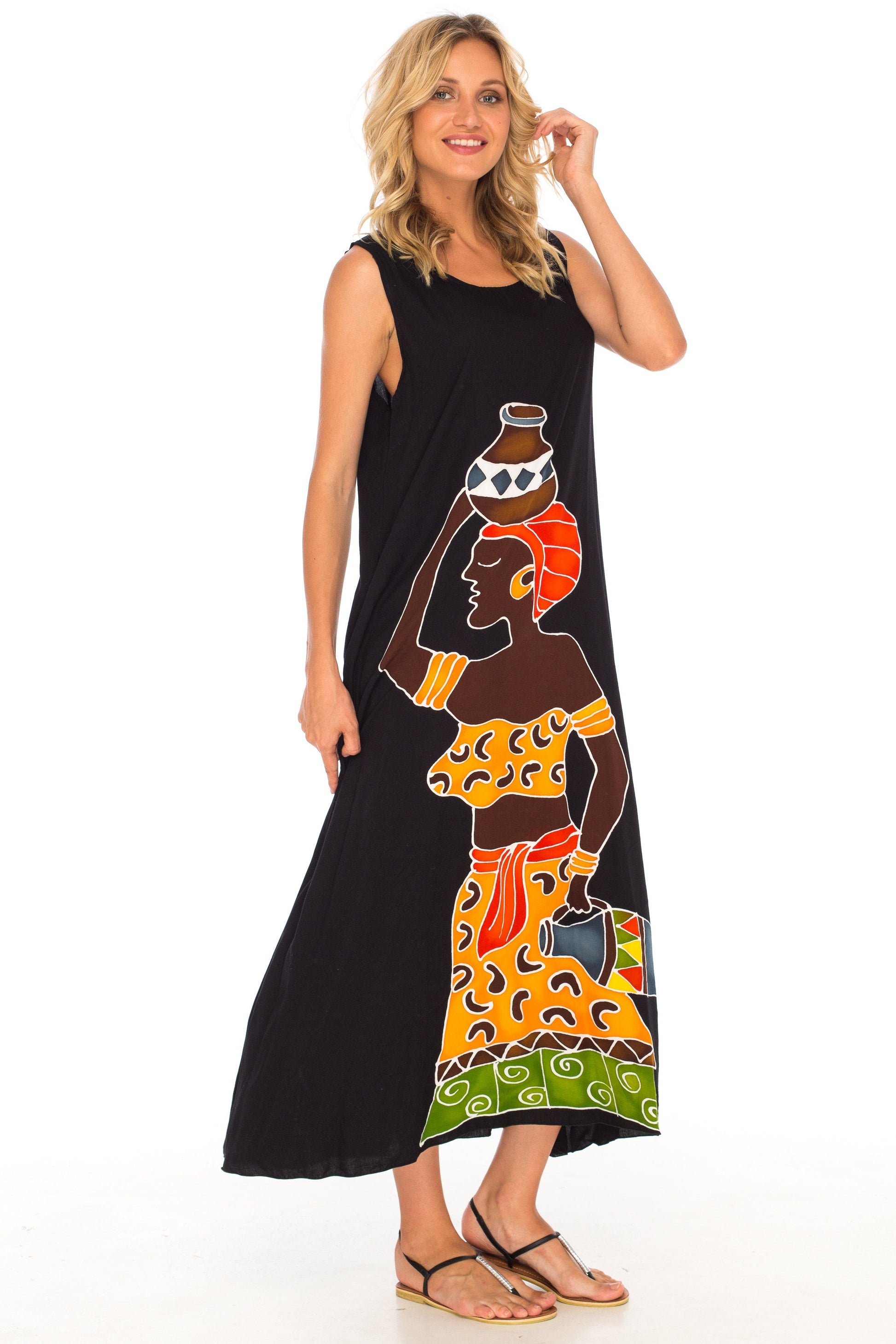 Sleeveless Summer Tank Dress with Hand-painted Tribal Design - Love-ShuShi-black dress-Shu-Shi