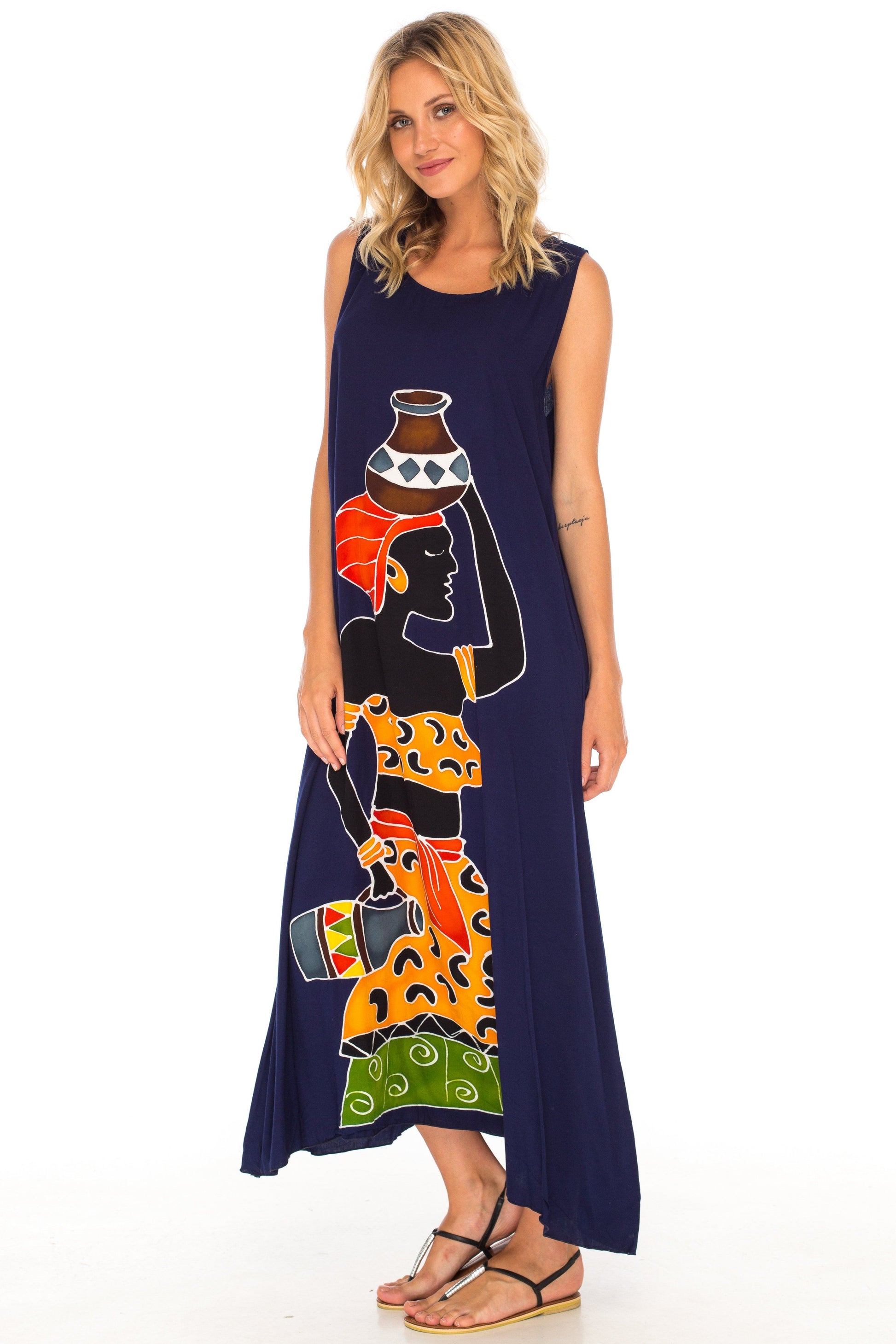 Sleeveless Summer Tank Dress with Hand-painted Tribal Design - Love-ShuShi-navy blue dress-Shu-Shi