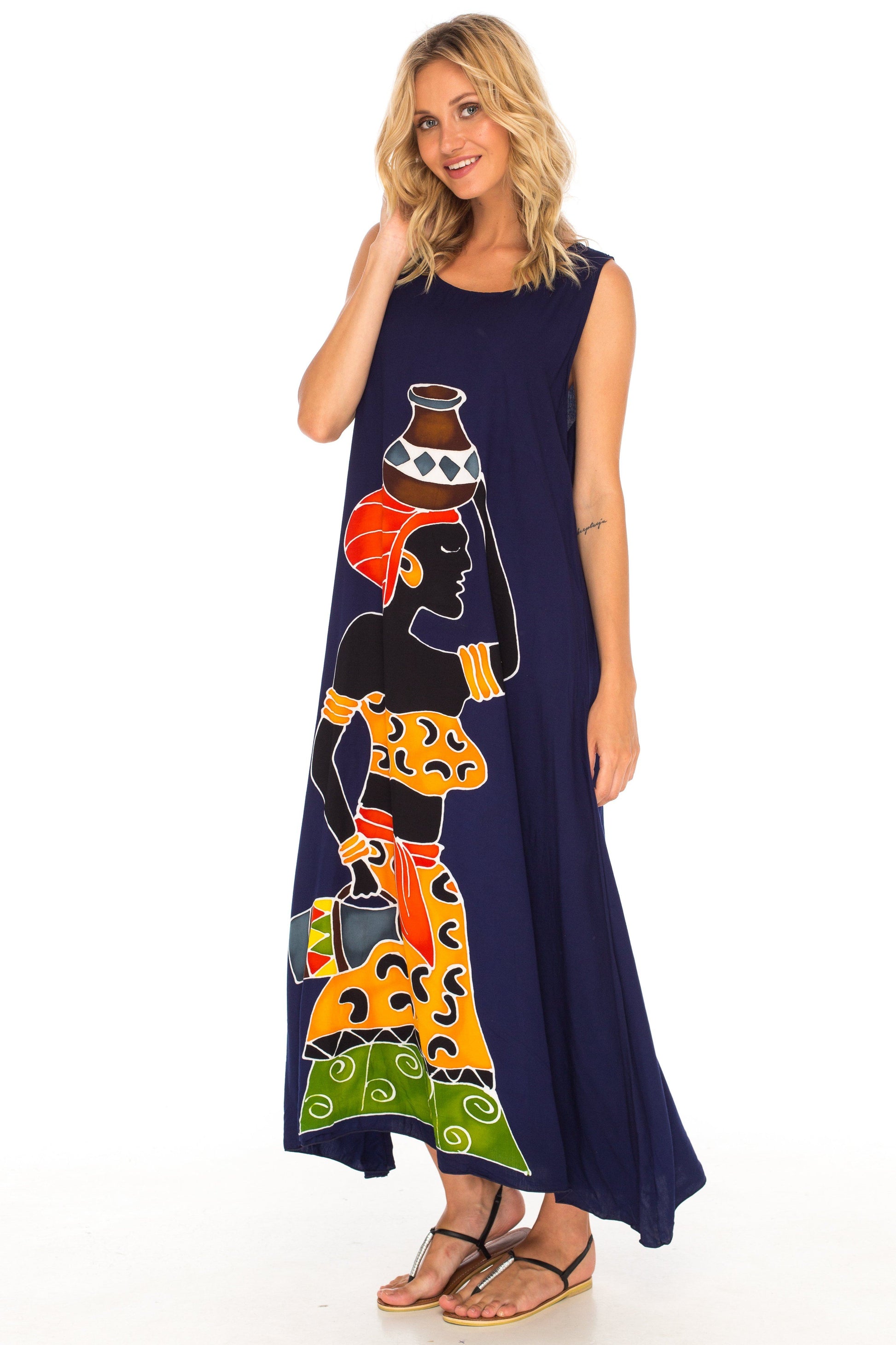 Sleeveless Summer Tank Dress with Hand-painted Tribal Design - Love-ShuShi-navy blue dress-Shu-Shi