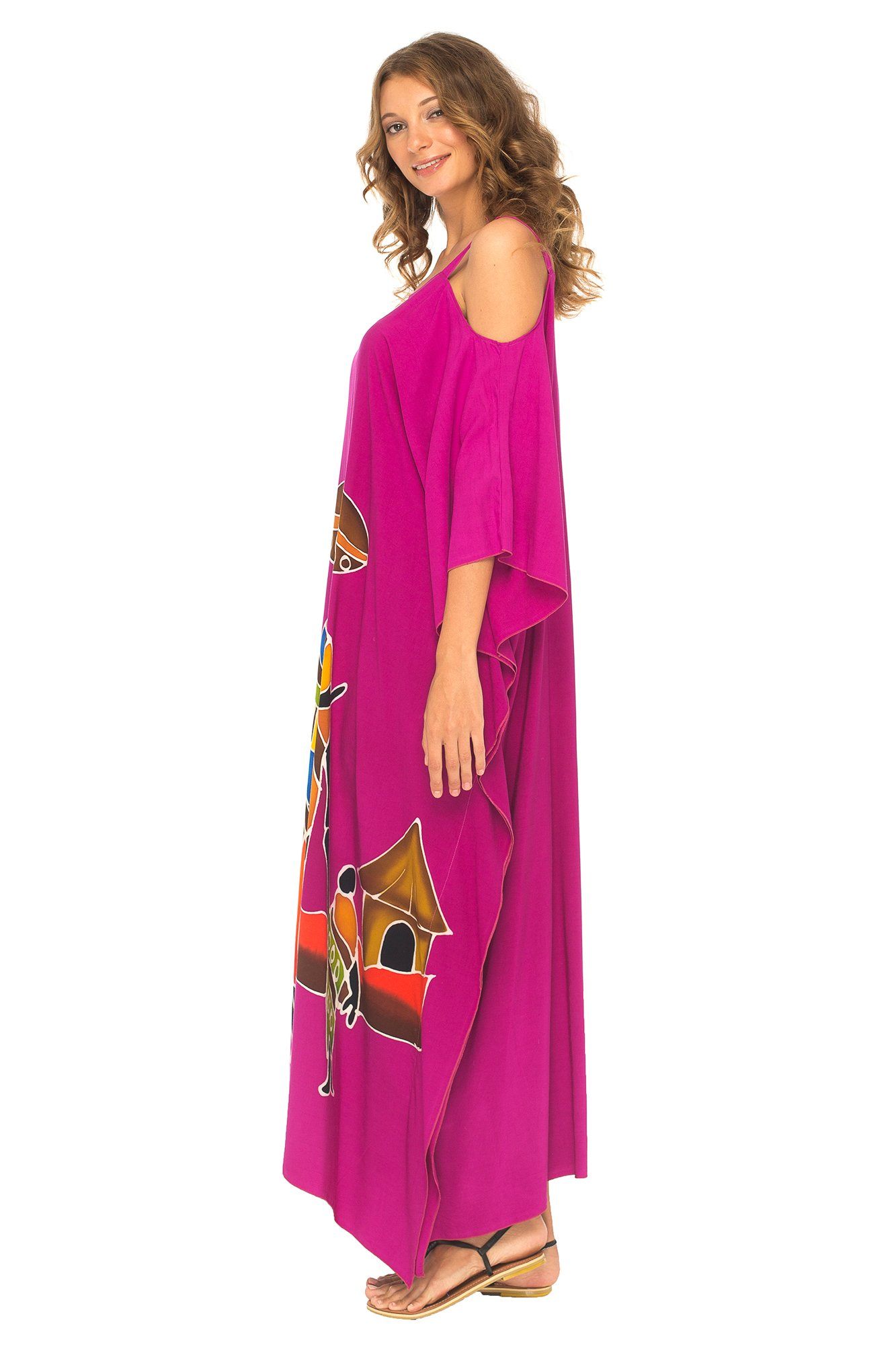 Hand Painted Tribal Design Long Dress with Cold Shoulder Cut Outs - Love-Shu-Shi