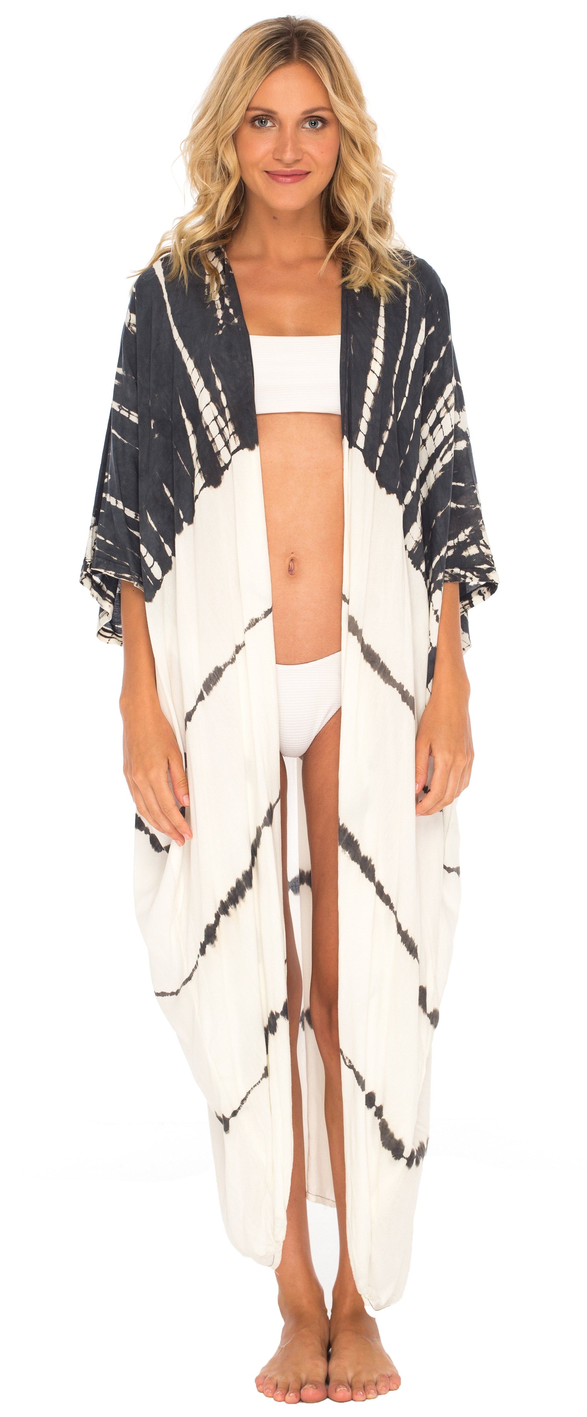 Tie Dye Open Front Long Summer Kimono Cardigan with Three-Quarter Sleeves - LoveShuShi-white and black cardigan