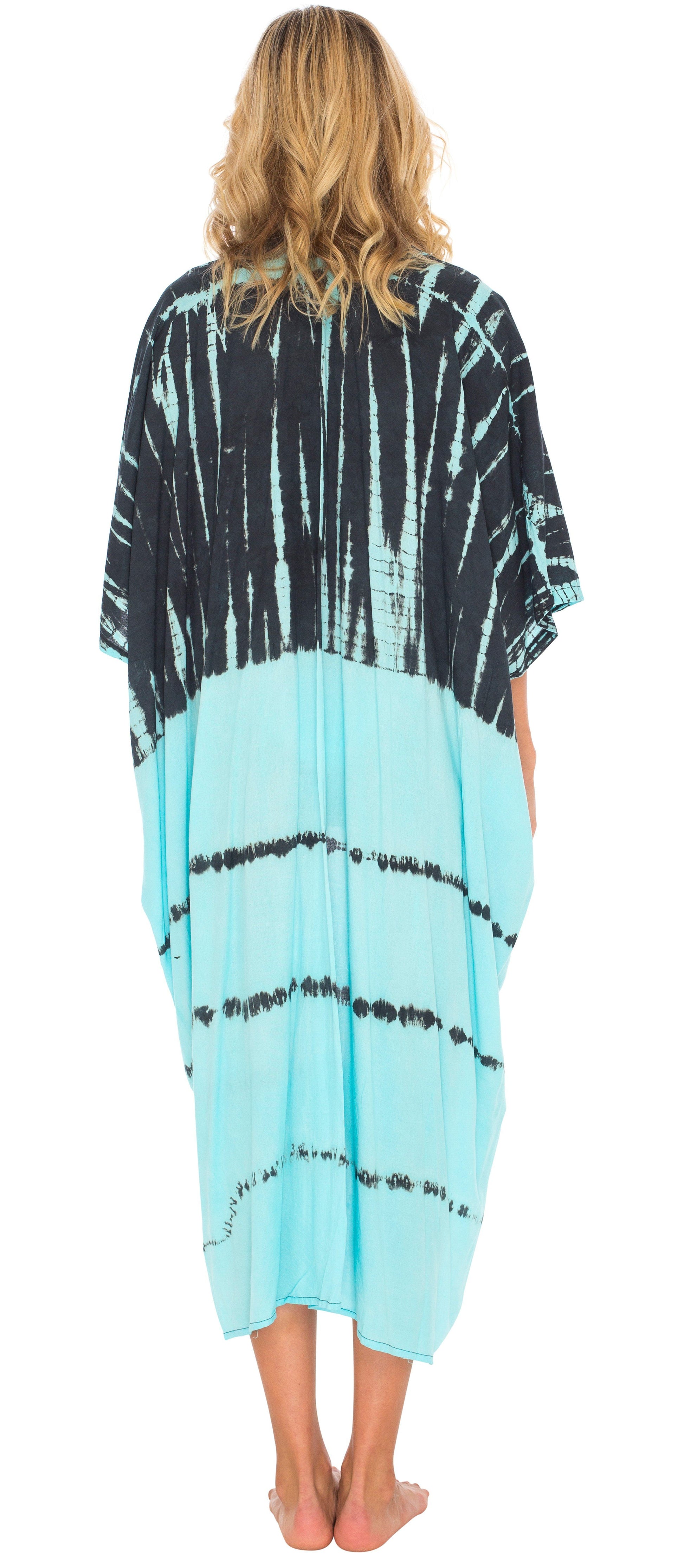 Tie Dye Open Front Long Summer Kimono Cardigan with Three-Quarter Sleeves - LoveShuShi-turquoise and black cardigan