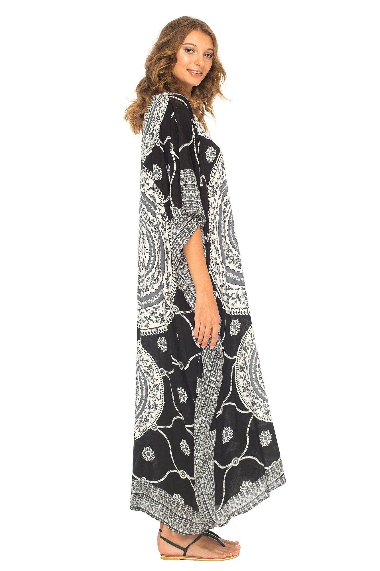Mandala Print Long Kaftan Dress with Sequins - Love-Shu-Shi - Black and Grey kaftan Dress