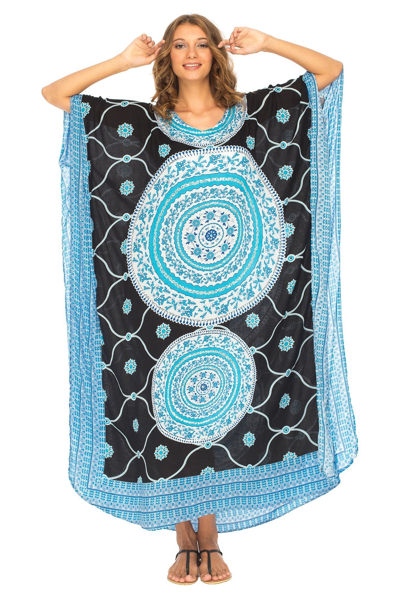 Mandala Print Long Kaftan Dress with Sequins - Love-Shu-Shi - Black and Turquoise Kaftan Dress