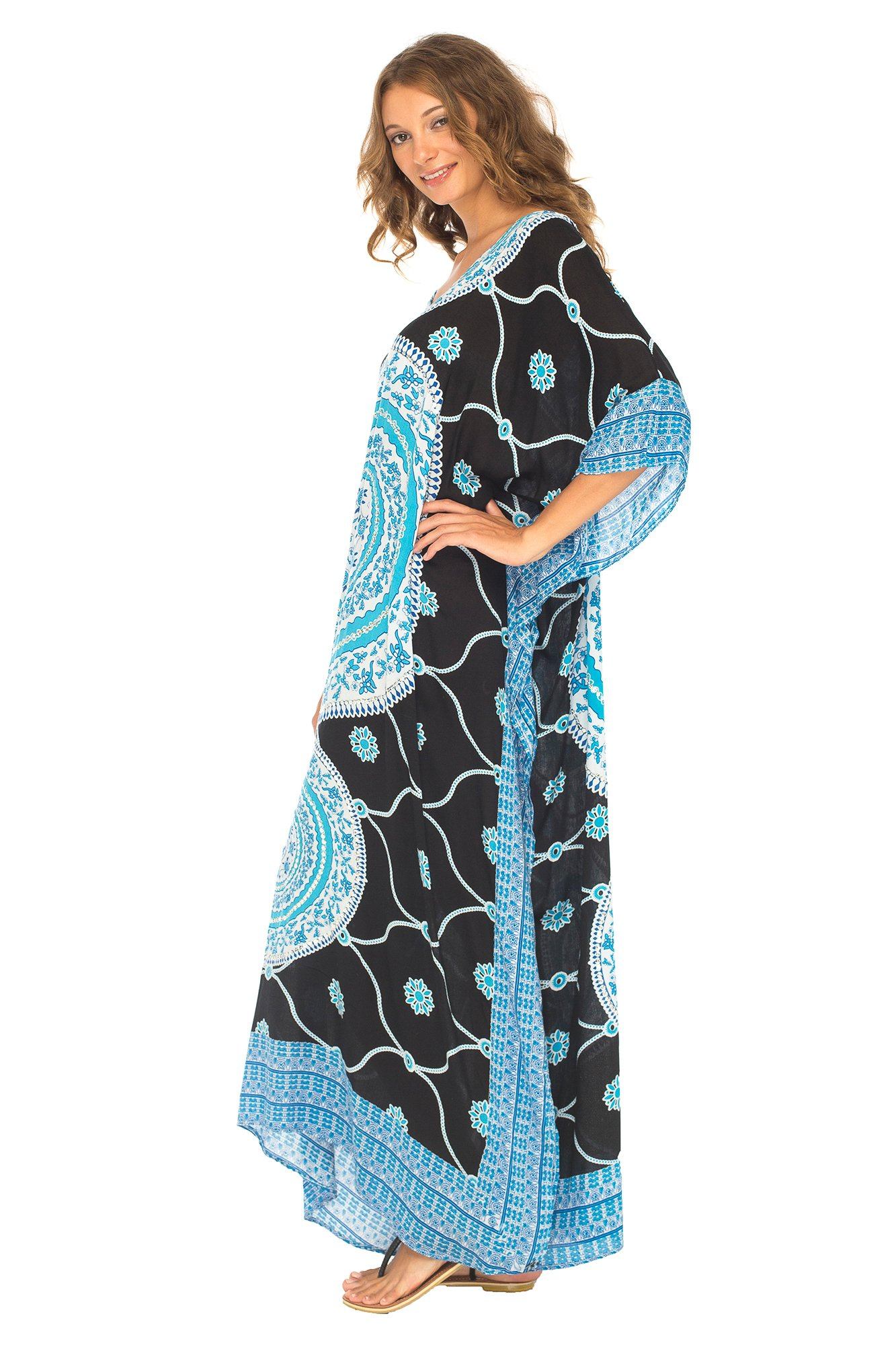 Mandala Print Long Kaftan Dress with Sequins - Love-Shu-Shi - Black and Turquoise Kaftan Dress