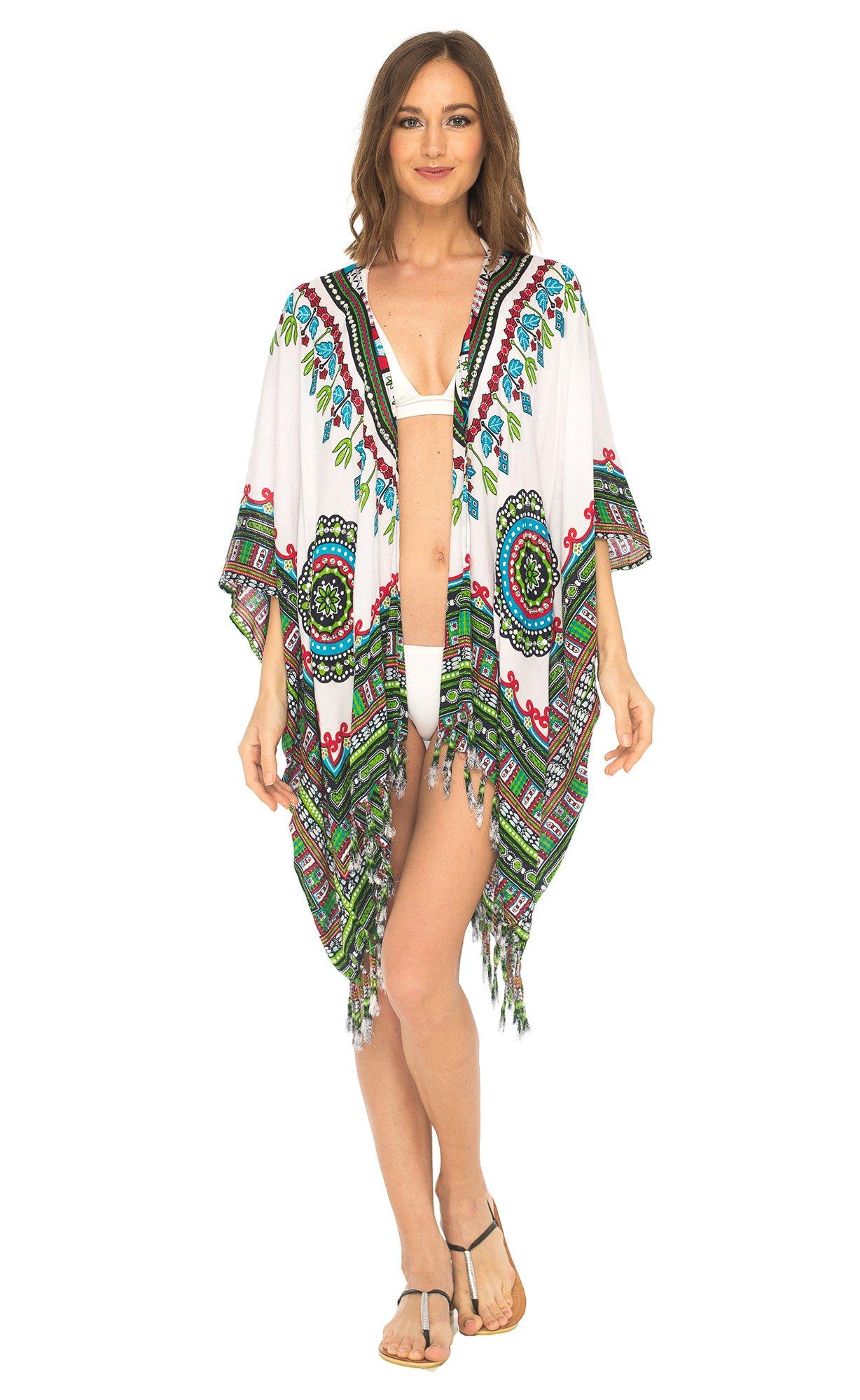 Dashiki Print Open Front Kimono with Sequins - Love-Shu-Shi - White Kimono
