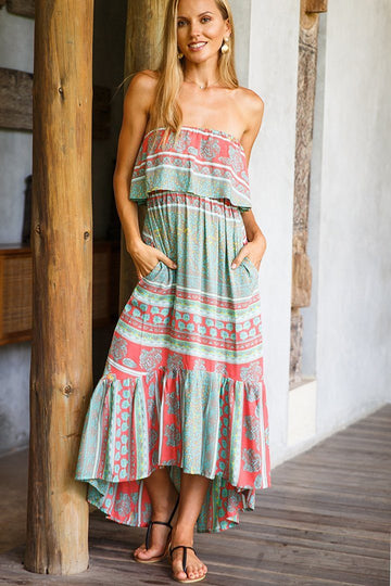 Long Flowy Tube Top Dress Sleeveless with Side Pockets