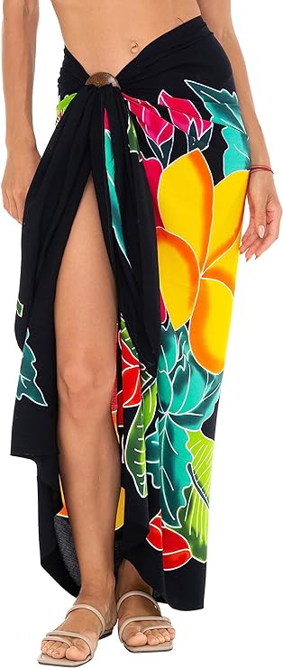 SHU-SHI Womens Hibiscus Floral Sarong Pareo Cover Up Bathing suit Women Flower Beach Wrap Long Pool Trip Resort Skirt