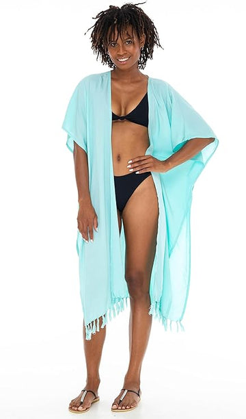 SHU-SHI Womens Kimono Cardigan Fringe Swimwear Robe Beach Cover Up Open Front Solid Color