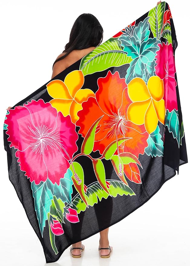 Plus Size Hand-Painted Floral Sarong Wrap - Beach Cover-Up by SHU-SHI