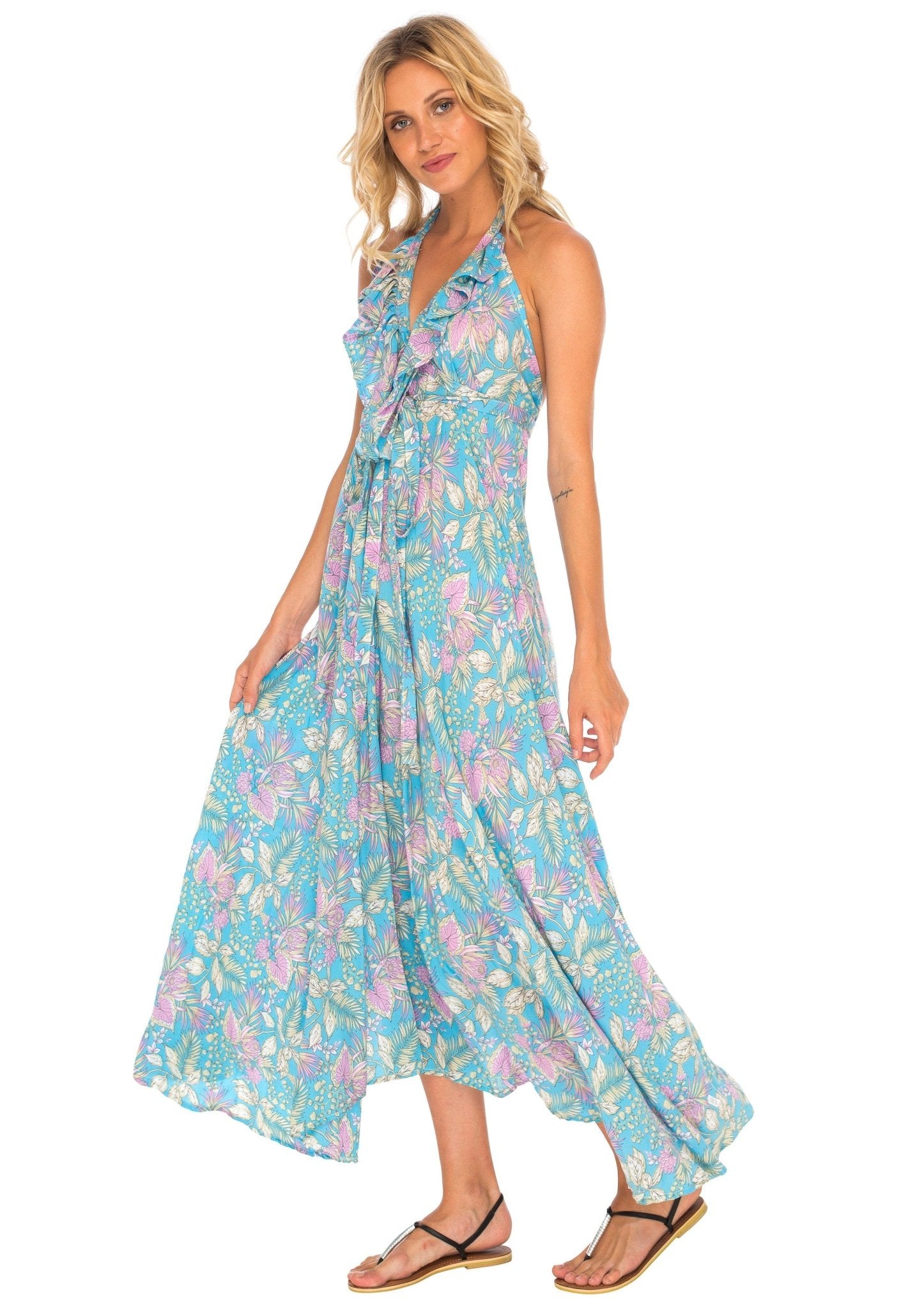 Flowy Long Halter Dress with Ruffles - Love ShuShi