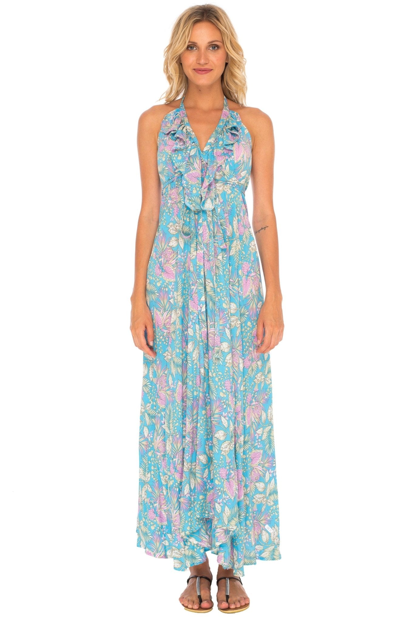 Flowy Long Halter Dress with Ruffles - Love ShuShi