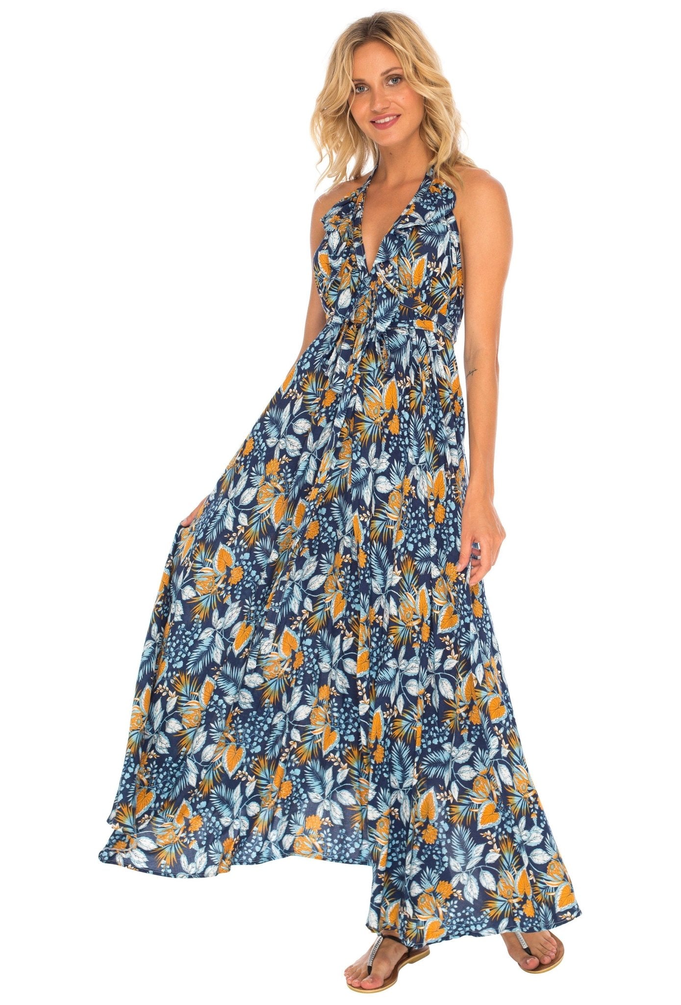 Flowy Long Halter Dress with Ruffles - Love ShuShi