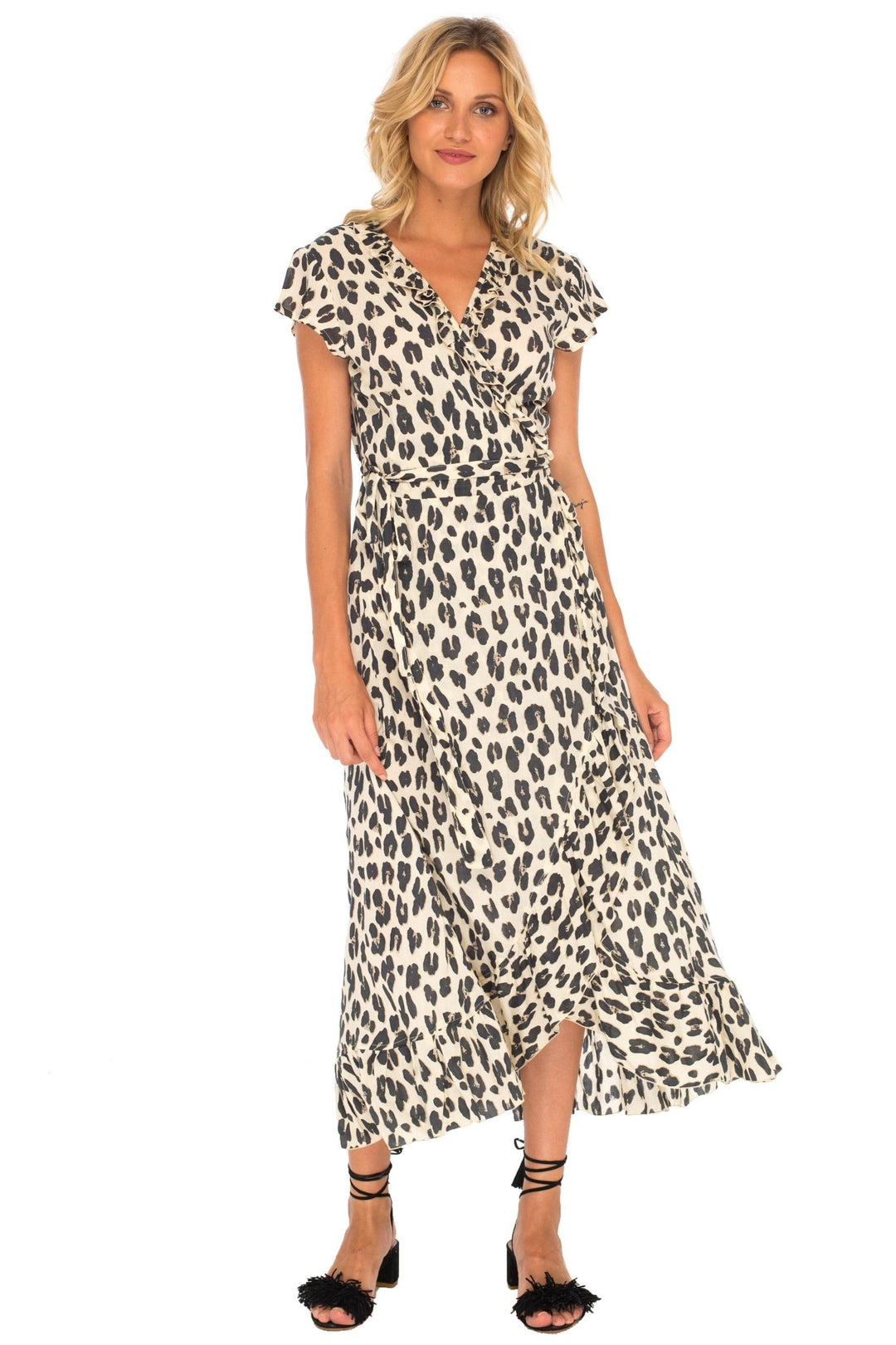 Leopard Print Long Wrap Dress with Cap Sleeves - Love ShuShi