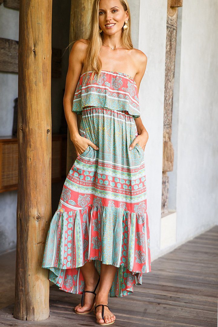 Long Flowy Tube Top Dress Sleeveless with Side Pockets - Love ShuShi