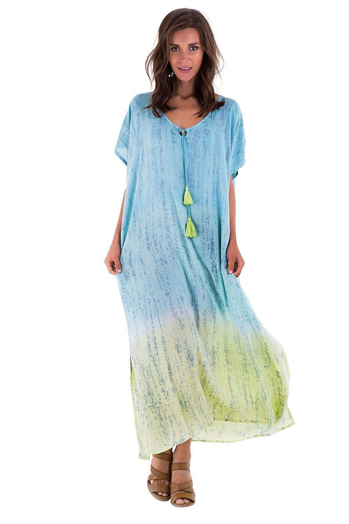 SHU - SHI Danielle Two Toned Ombre Tie Dye Long Caftan Dress with Short Sleeves & Tassel String - Love ShuShi