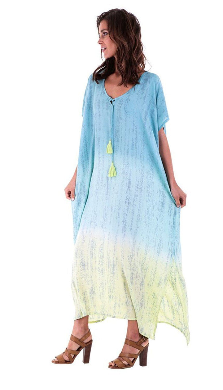 SHU - SHI Danielle Two Toned Ombre Tie Dye Long Caftan Dress with Short Sleeves & Tassel String - Love ShuShi