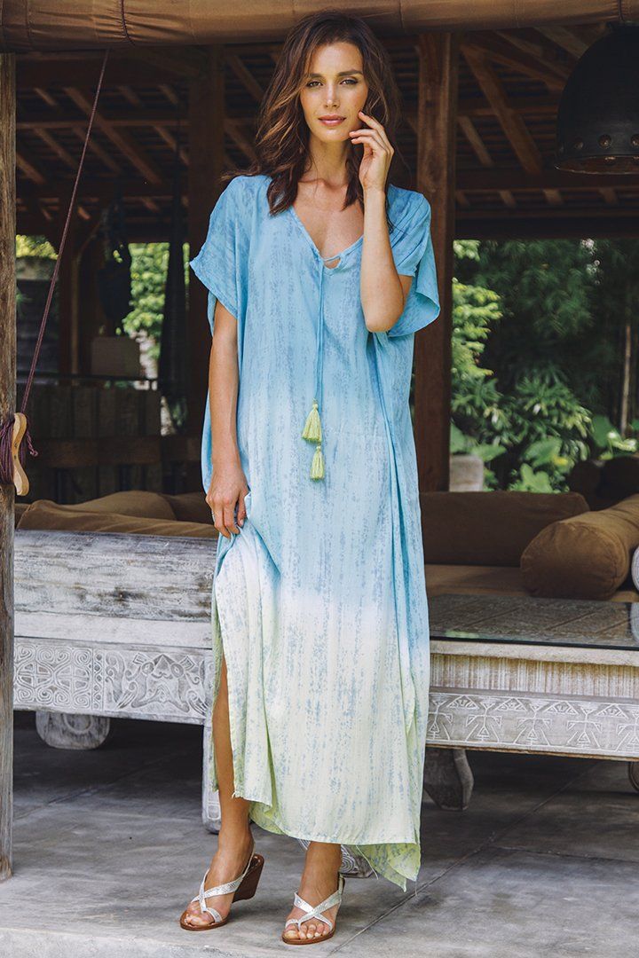 SHU - SHI Danielle Two Toned Ombre Tie Dye Long Caftan Dress with Short Sleeves & Tassel String - Love ShuShi