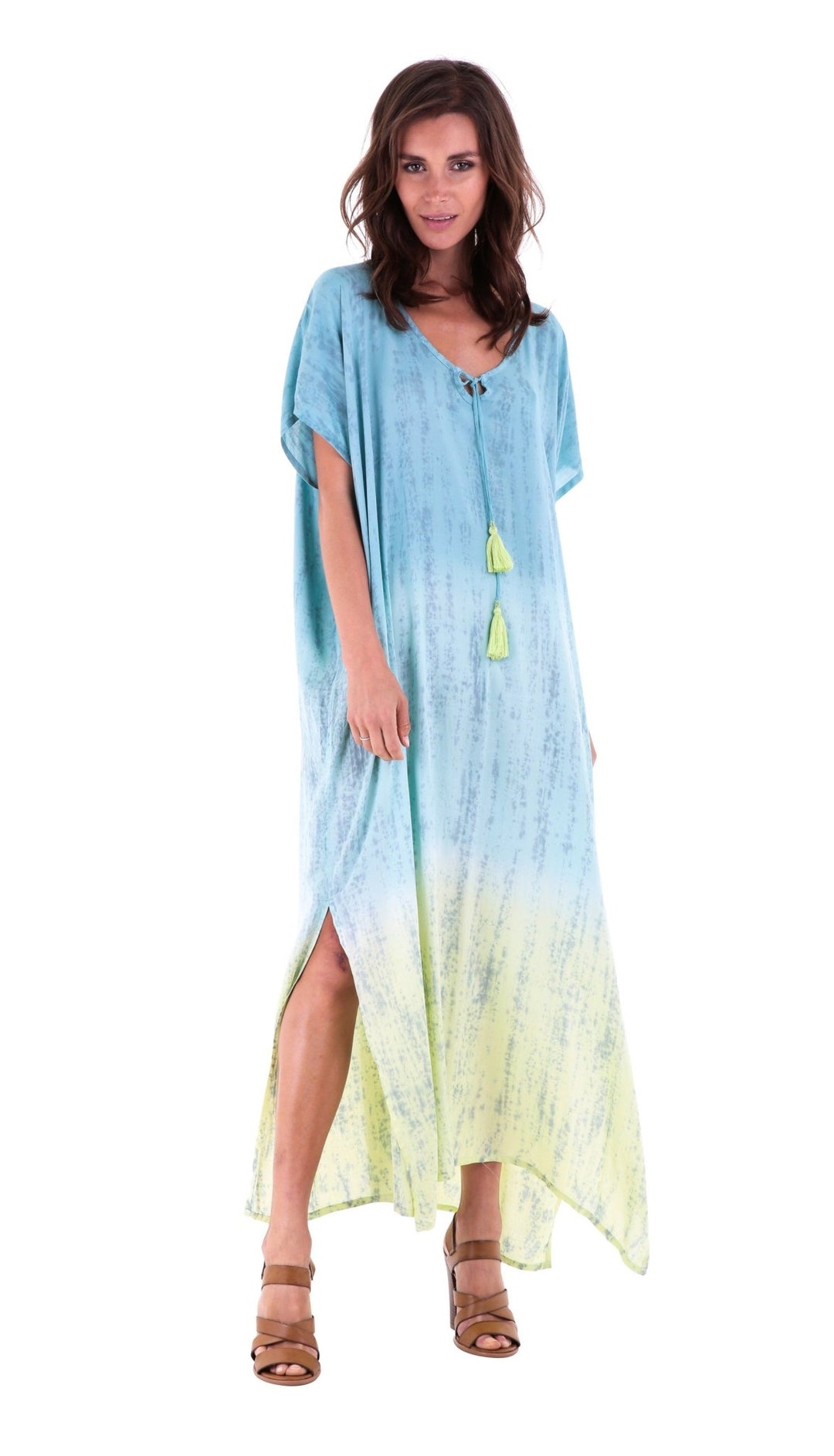 SHU - SHI Danielle Two Toned Ombre Tie Dye Long Caftan Dress with Short Sleeves & Tassel String - Love ShuShi