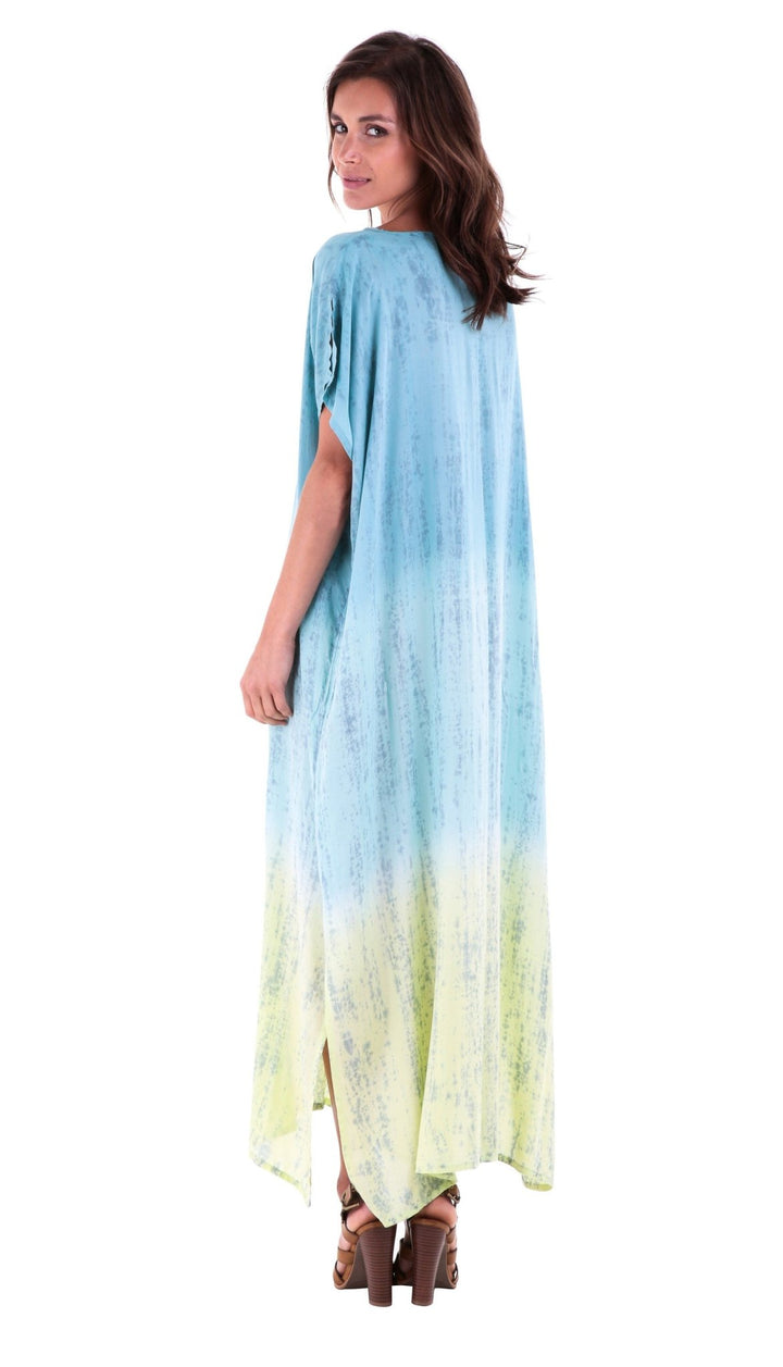 SHU - SHI Danielle Two Toned Ombre Tie Dye Long Caftan Dress with Short Sleeves & Tassel String - Love ShuShi