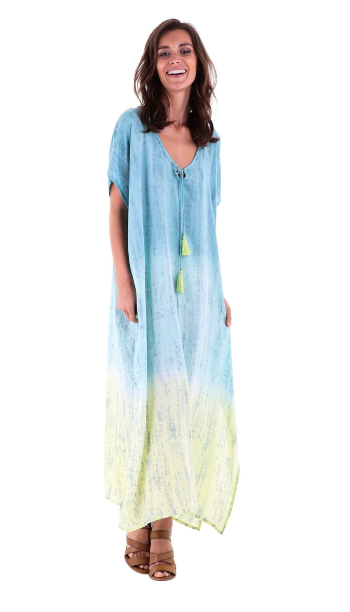 SHU - SHI Danielle Two Toned Ombre Tie Dye Long Caftan Dress with Short Sleeves & Tassel String - Love ShuShi