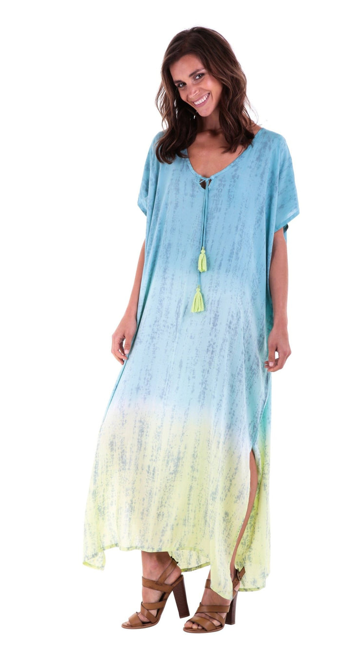 SHU - SHI Danielle Two Toned Ombre Tie Dye Long Caftan Dress with Short Sleeves & Tassel String - Love ShuShi