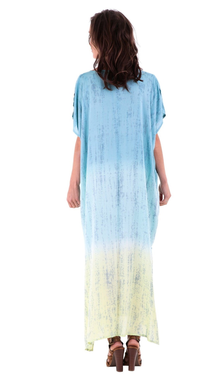 SHU - SHI Danielle Two Toned Ombre Tie Dye Long Caftan Dress with Short Sleeves & Tassel String - Love ShuShi