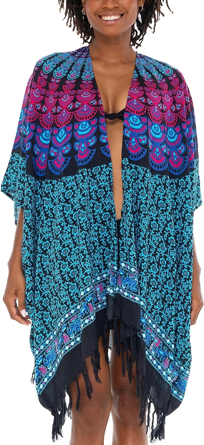 SHU - SHI Kimono Cardigans for Women - Short Beach Robe Boho Fringe Peacock Mandala - Love ShuShi