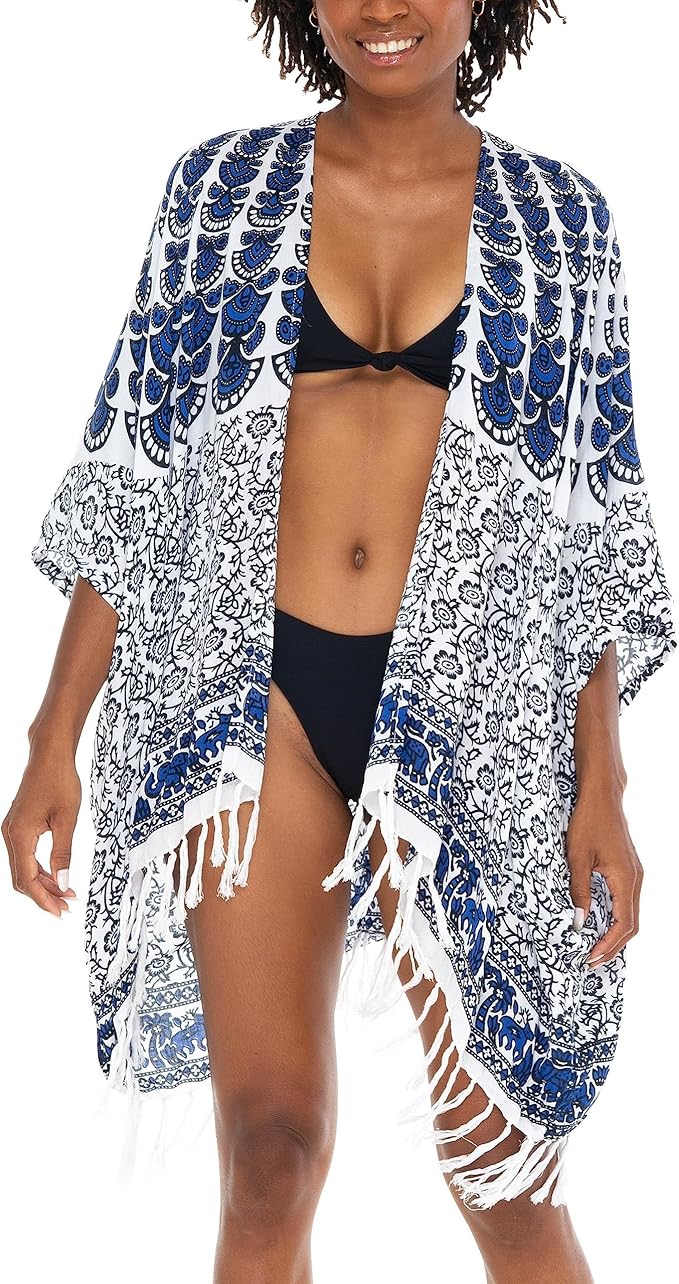 SHU - SHI Kimono Cardigans for Women - Short Beach Robe Boho Fringe Peacock Mandala - Love ShuShi