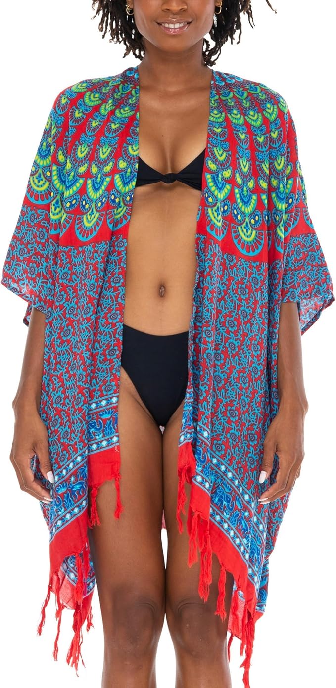 SHU - SHI Kimono Cardigans for Women - Short Beach Robe Boho Fringe Peacock Mandala - Love ShuShi