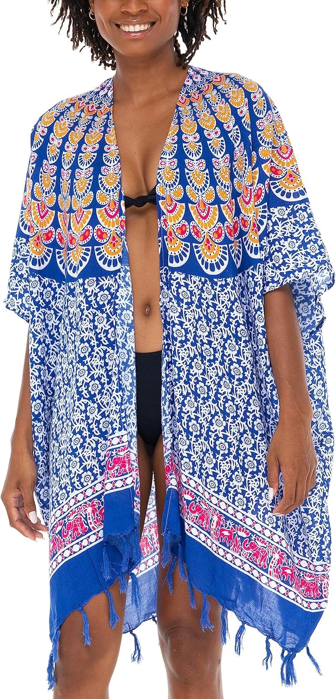 SHU - SHI Kimono Cardigans for Women - Short Beach Robe Boho Fringe Peacock Mandala - Love ShuShi