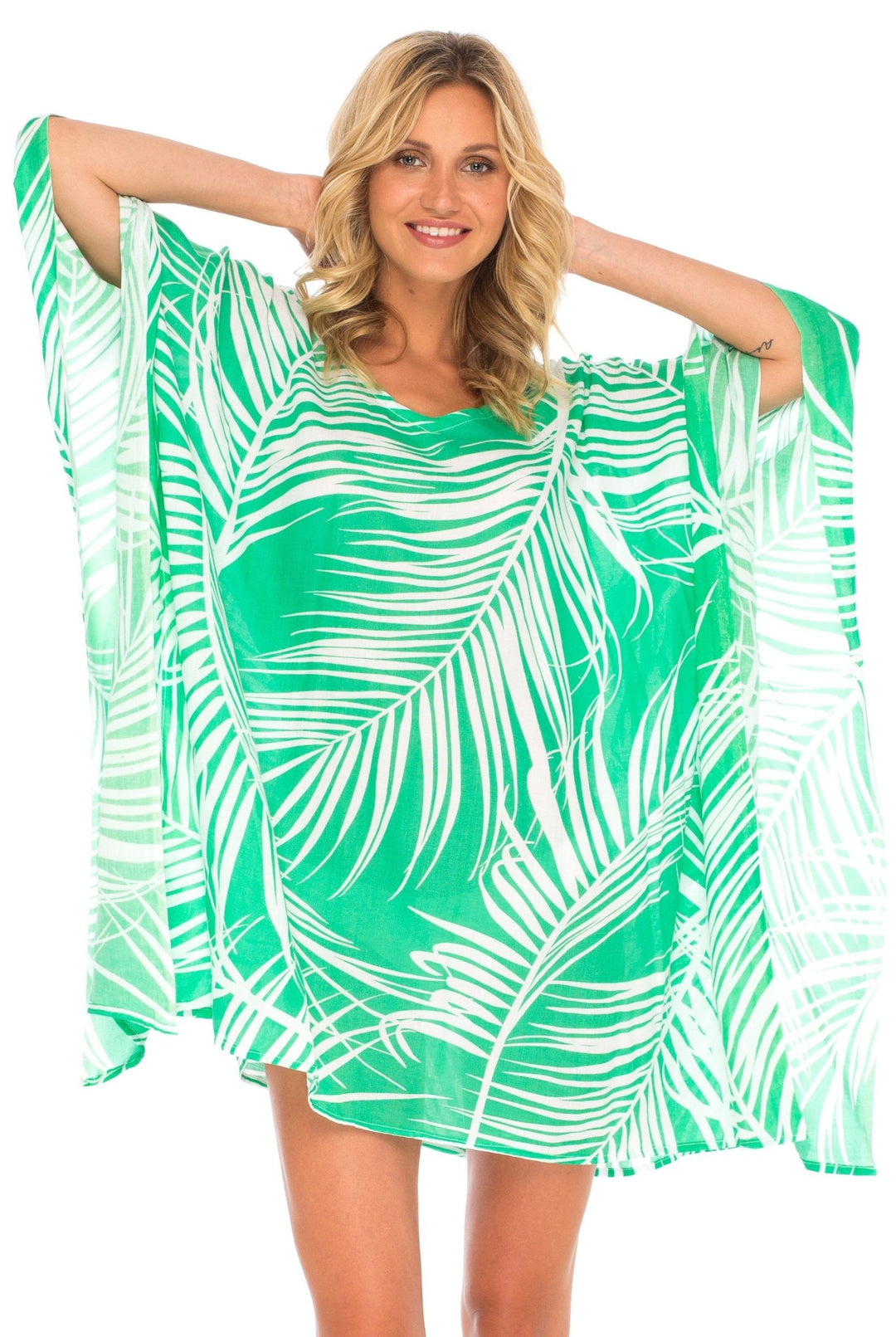 SHU - SHI PalmPrint Short Poncho Kaftan Top - Women's Beach Dress Swimwear, One Size - Love ShuShi