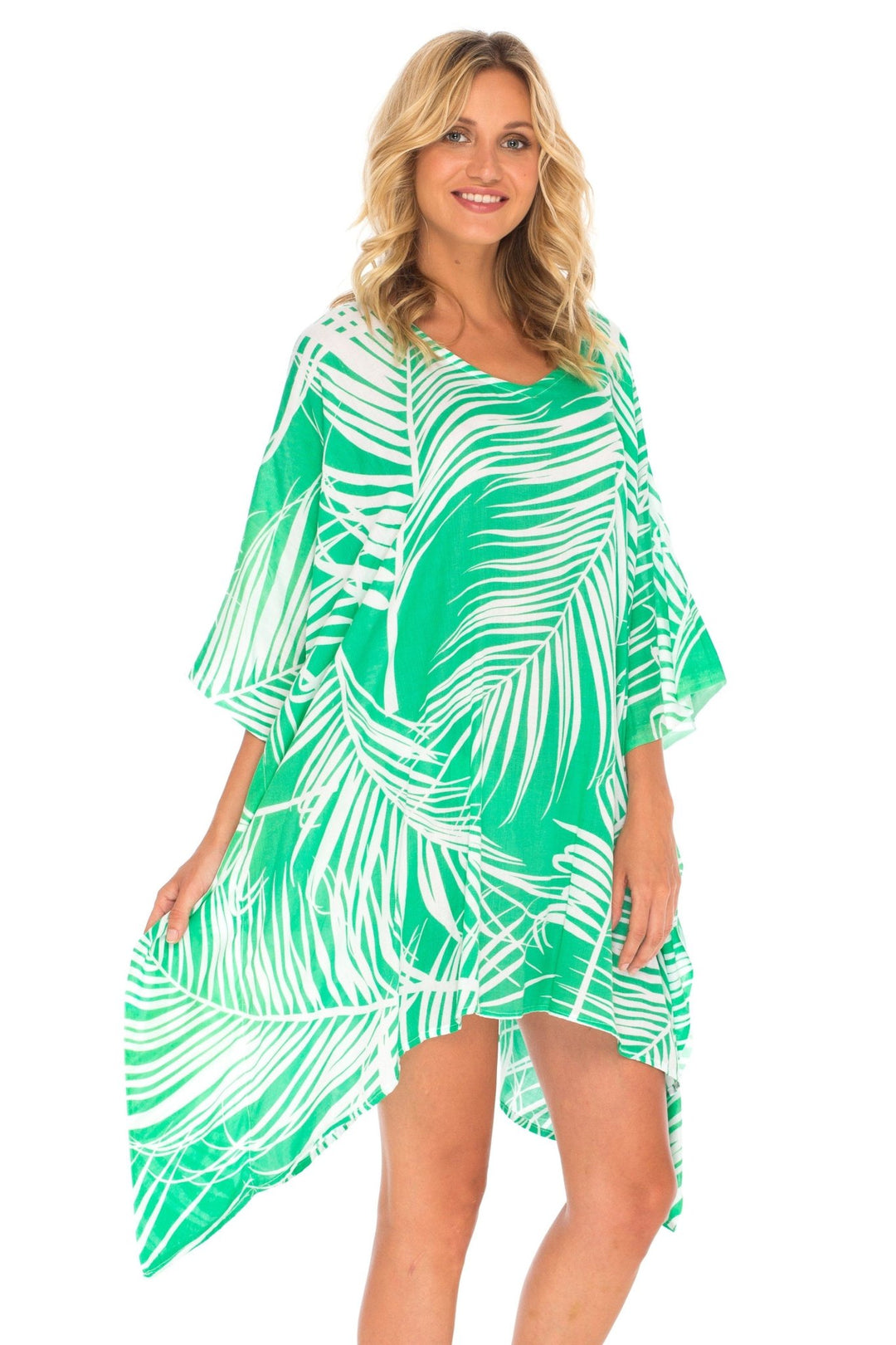 SHU - SHI PalmPrint Short Poncho Kaftan Top - Women's Beach Dress Swimwear, One Size - Love ShuShi